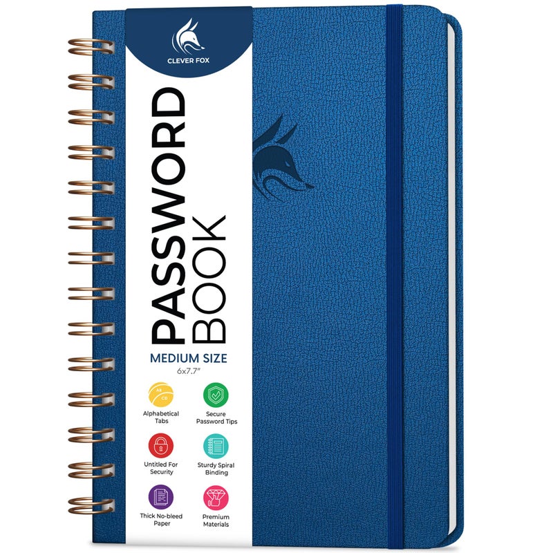 Clever Fox Password Book Spiral - Internet Address & Password Organizer with Laminated Alphabetical Tabs - Password Keeper Journal - Hardcover  Medium Size  6.1x7.7  (Mystic Blue) - Image 1